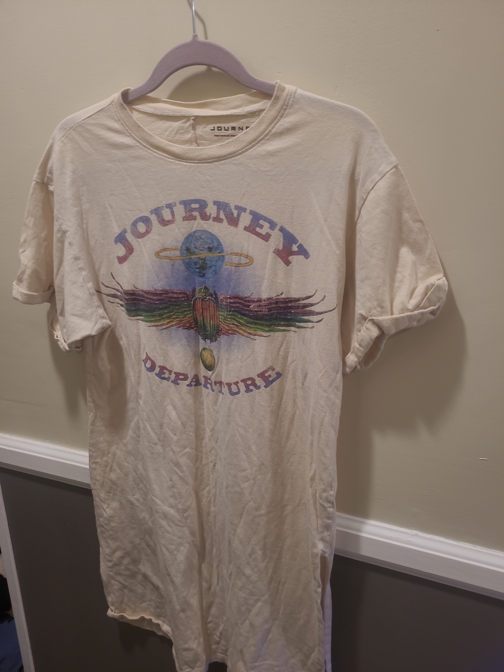 Journey Band Tshirt Dress Nightgown Ivory Graphic Womens Medium Rock n Roll FLAW - Picture 2 of 9